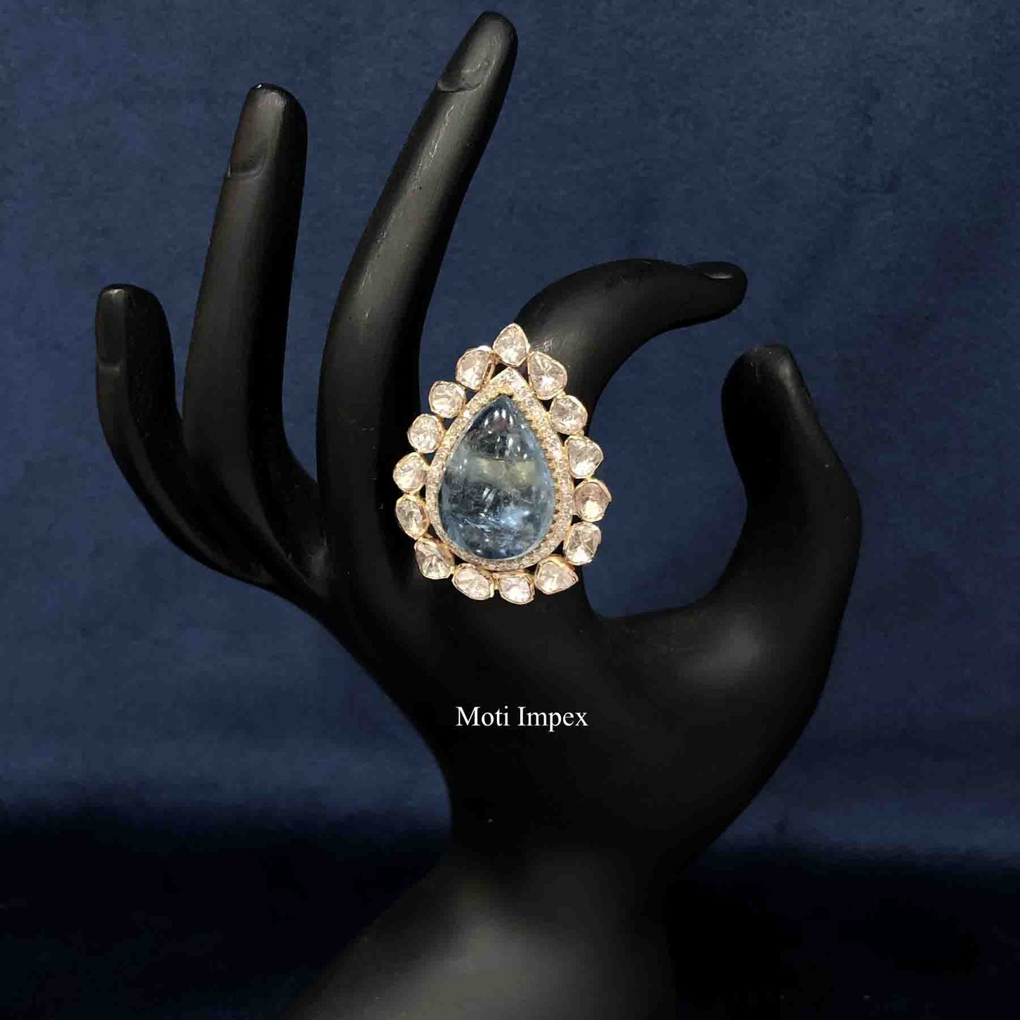 Fine Gold Gemstone Ring I Diamond Polki With Aquamarine Jadau Ring