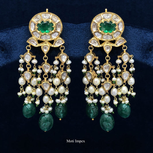 22k Gold Diamond Polki Green Beryls Jadau Earrings