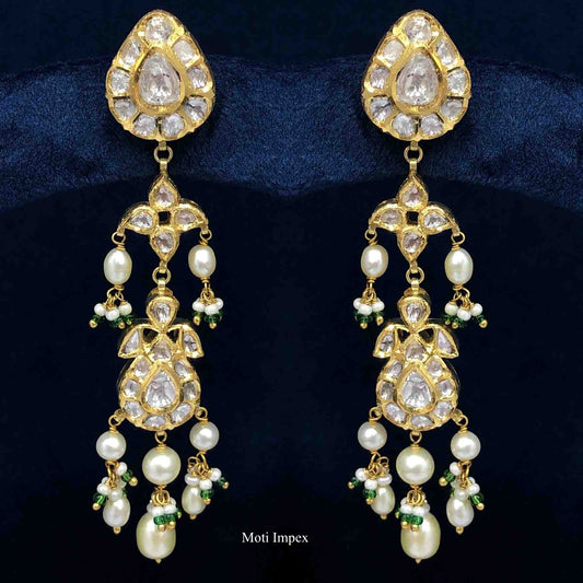 18k Gold Diamond Polki And Cultured Pearls Traditional Earrings