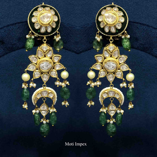 Fine Gold Diamond Polki Green Beryl Rajputi Jadau Eariings