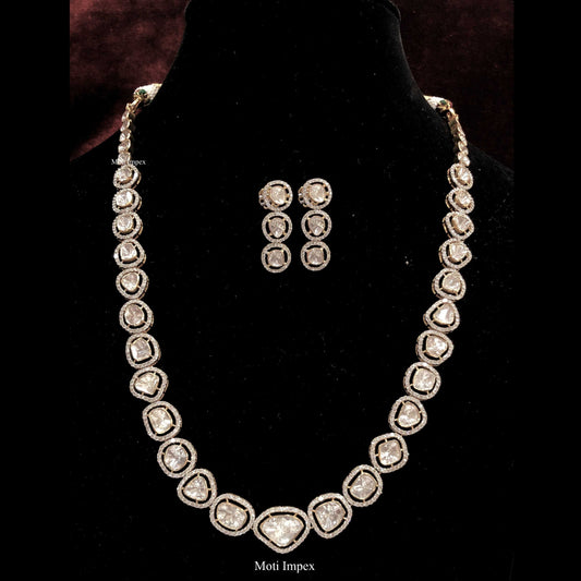 18k Gold and Diamond Polki Open Setting Single Line Necklace Set with uncut diamonds earring