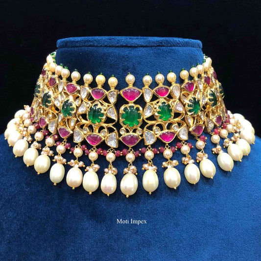 18k Gold Diamond Polki Choker Necklace With Ruby Emerald Jadau