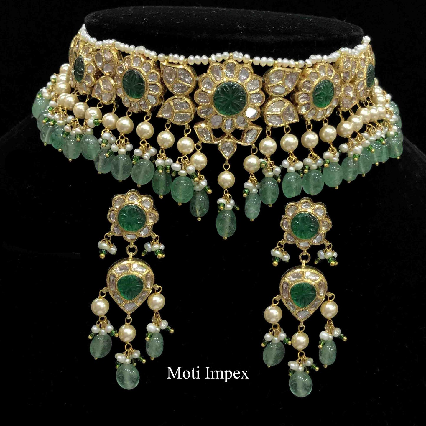 18k Gold Uncut Diamond Polki Emerald Grade Beryls Choker Necklace Set
