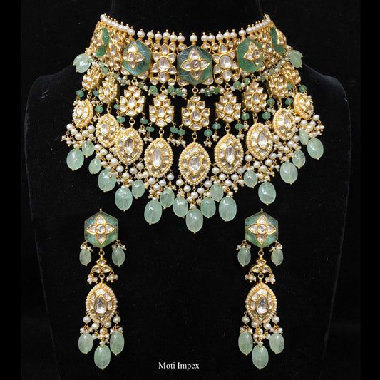 18k Gold Diamond Polki Russian Emerald Jadau Choker Necklace Set