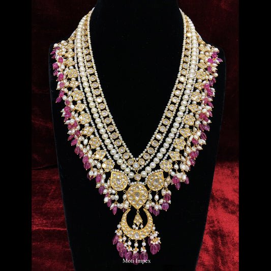 18k Gold Diamond Polki Ruby Long Jadau Necklace With GF Ruby, And Cultured Pearls