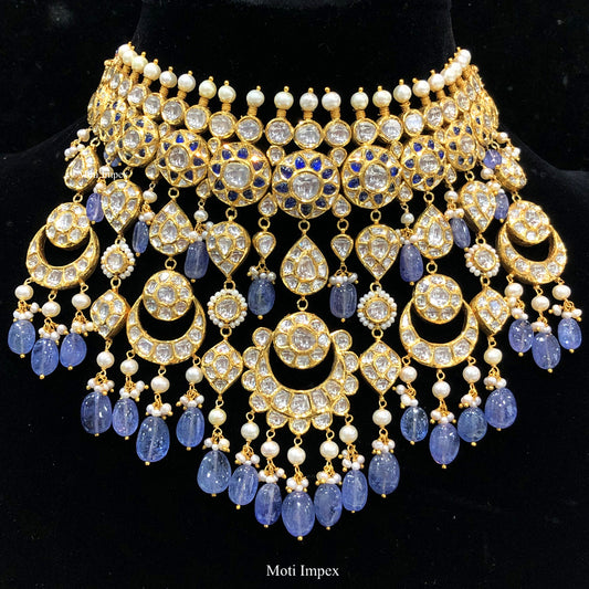 18k Gold Uncut Diamond Polki Real Tanzanite Jadau Choker Necklace Set