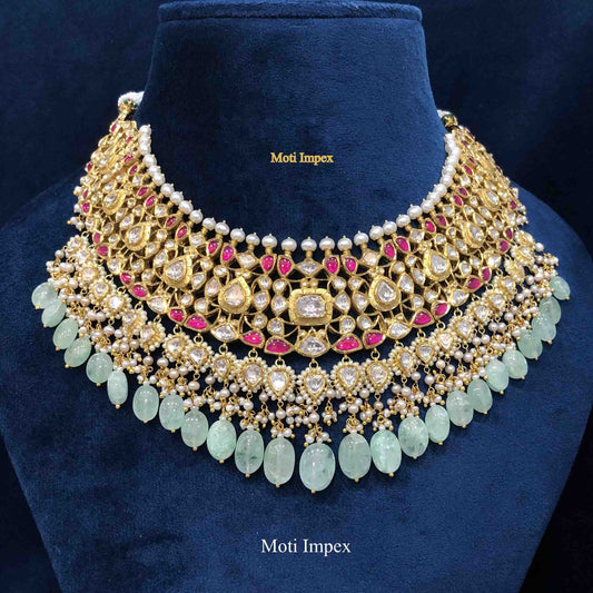 18k Gold Diamond Polki Choker Set I Russian Emerald Jadau Choker Necklace