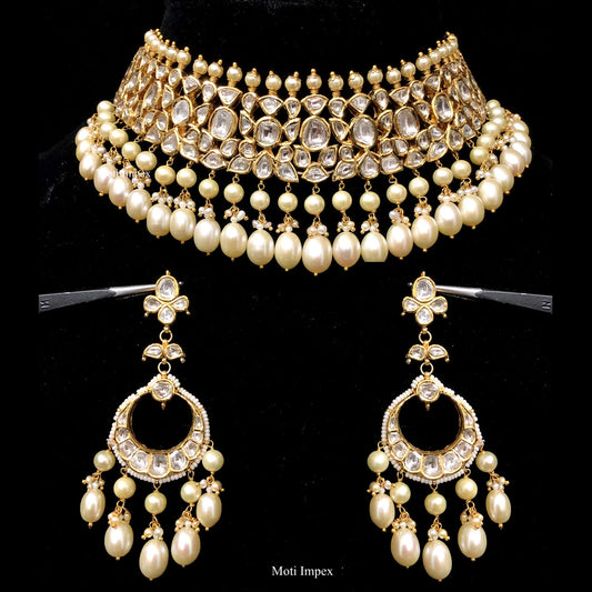 18k Gold Diamond Polki Jadau With Chandbali Earrings And Necklace Set