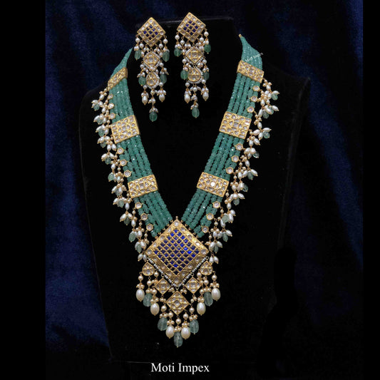 22k Gold Uncut Polki Diamonds Sapphire Look Blue Jades Jadau Rani Haar Long Necklace