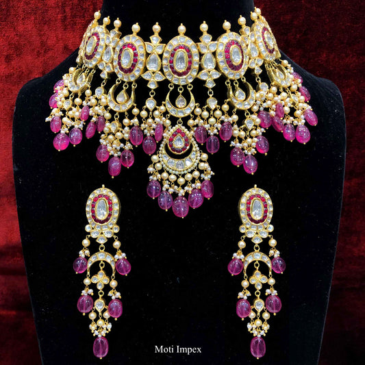 18k Gold Uncut Polki GF Ruby Bridal Choker Necklace Set Jaipur Jewellery