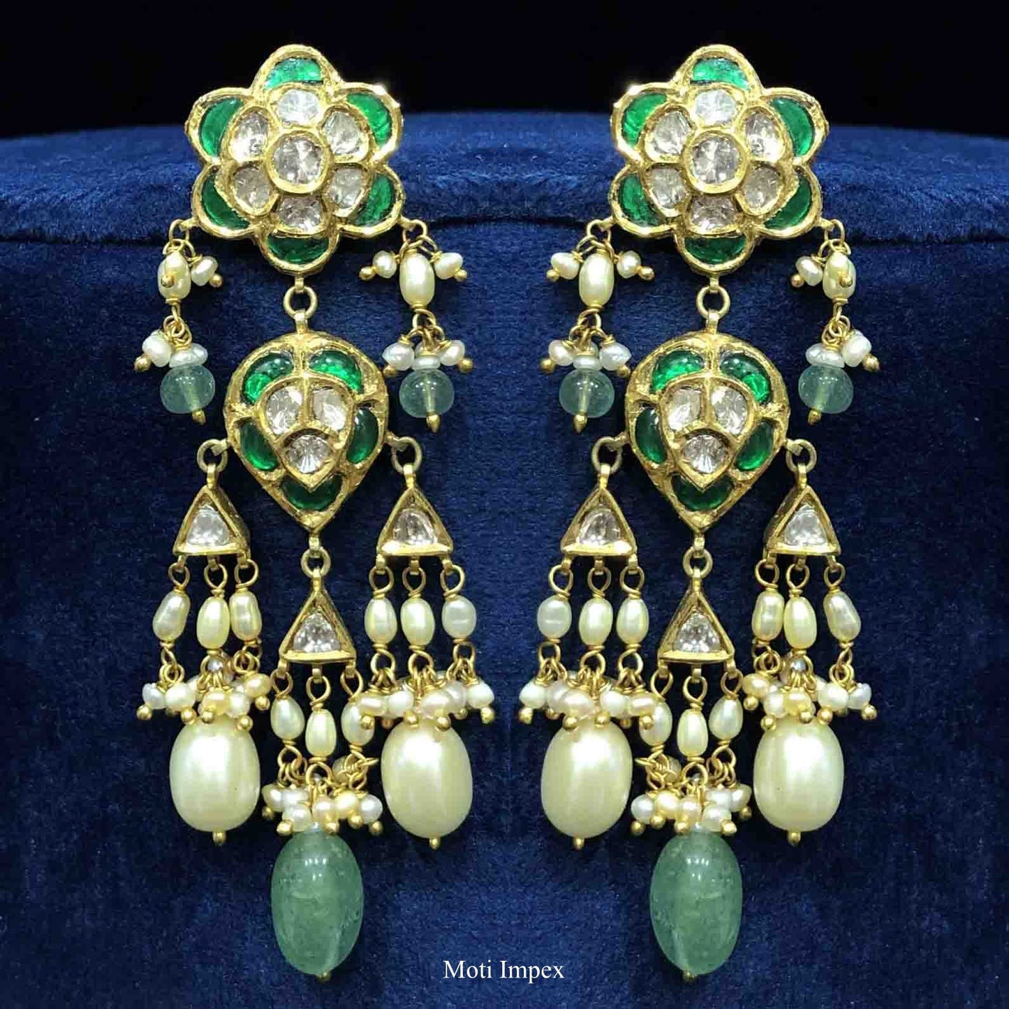 18k Gold Uncut Diamond Polki Emerald Grade Beryls Jadau Traditional Earrings