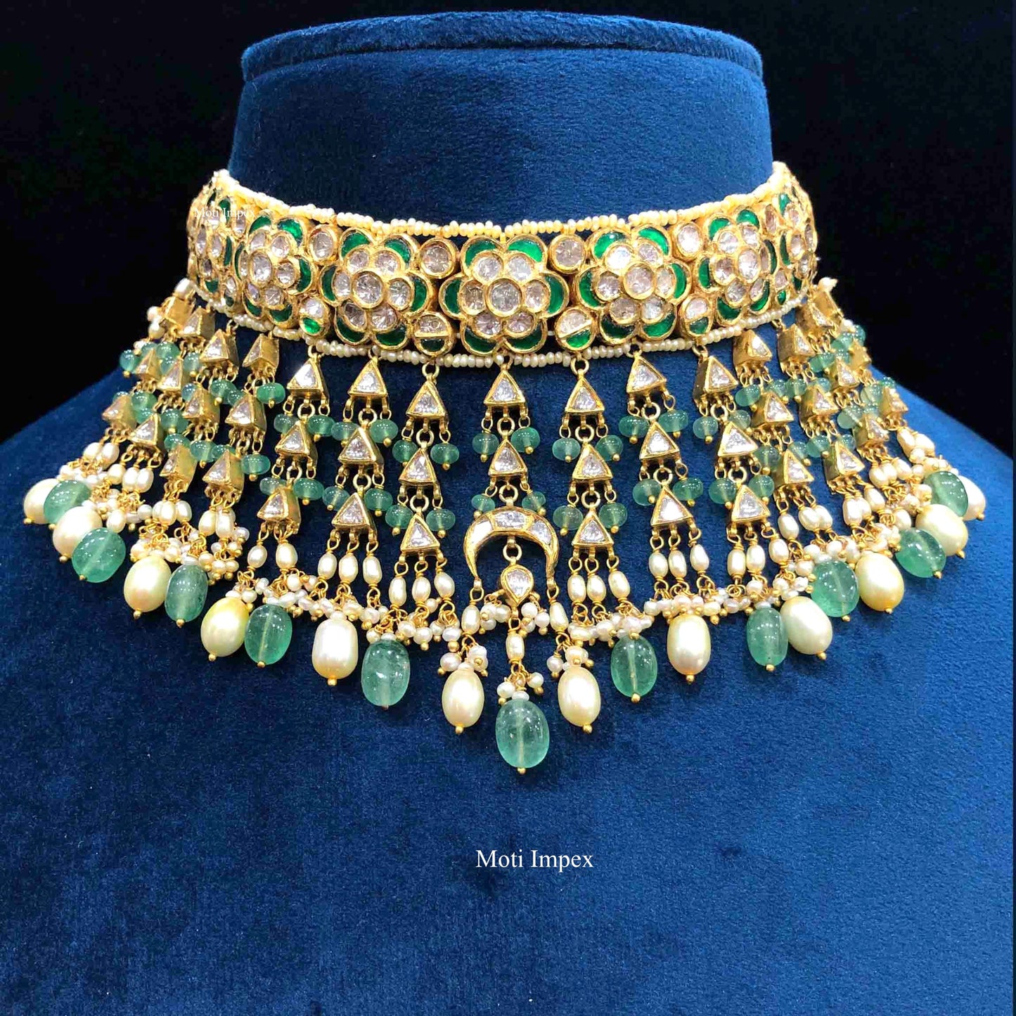 Diamond Polki Necklace Set With Emerald Grade Strawberry Stones Choker