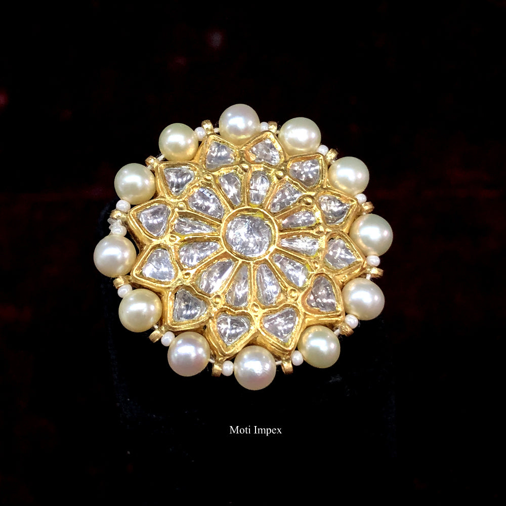 Diamond Kundan Polki Ring with Pearl I Jadau Ring