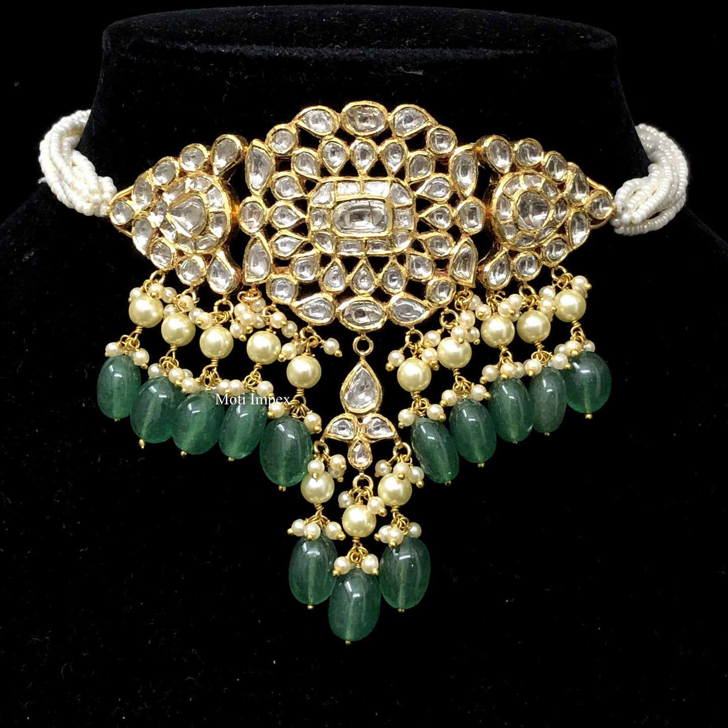 Fine Gold Diamond Polki Jadau Green Beryl Choker Necklace set