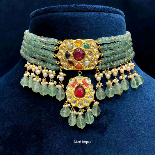 22k Gold Uncut Diamond Polki Navratna Gemstone Necklace sets