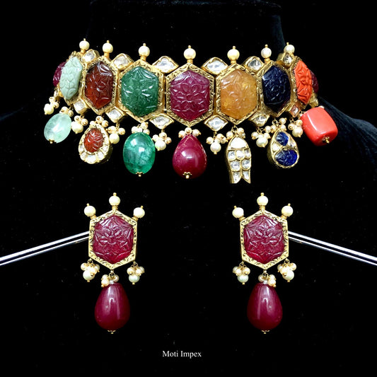 18k Gold and Diamond Polki Navratna Necklace Set with gold work around Navratan Carved Stones