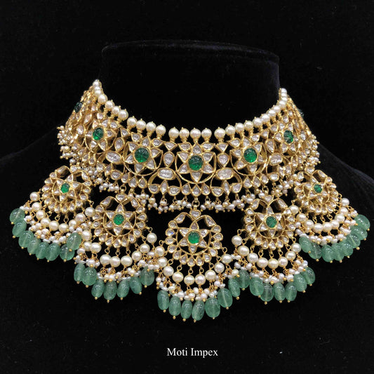 18k Gold Diamond Polki Emerald Grade Beryls Choker Jadau Wedding Necklace