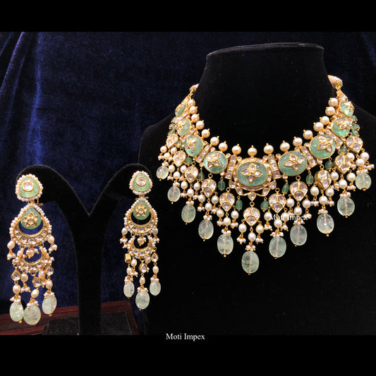 18k Gold Kundan Diamond Polki Sets |  Natural Fluorite Jadau Necklace set