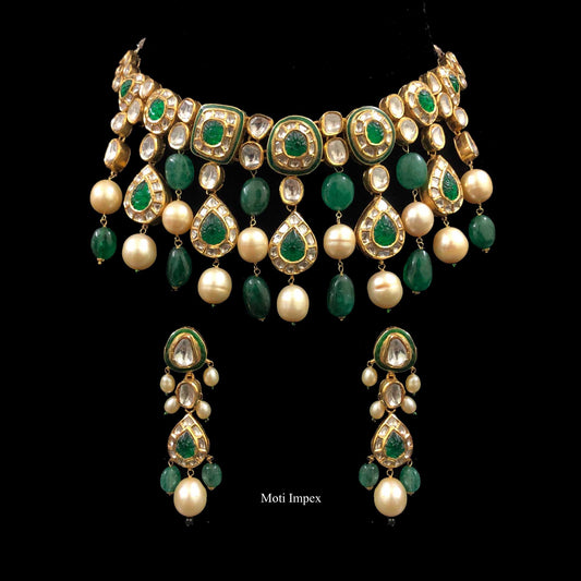 18k Gold Kundan Polki Choker Necklace Set with polki earring