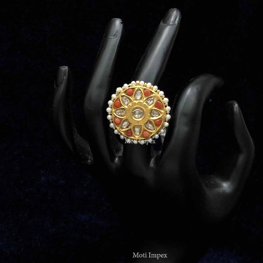 Fine Gold Diamond Polki Rings And Coral Bride Ring