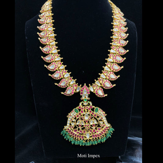 Real Gold Diamond Polki meghomala Necklace Set | Diamond Polki Necklace With Ruby Emerald