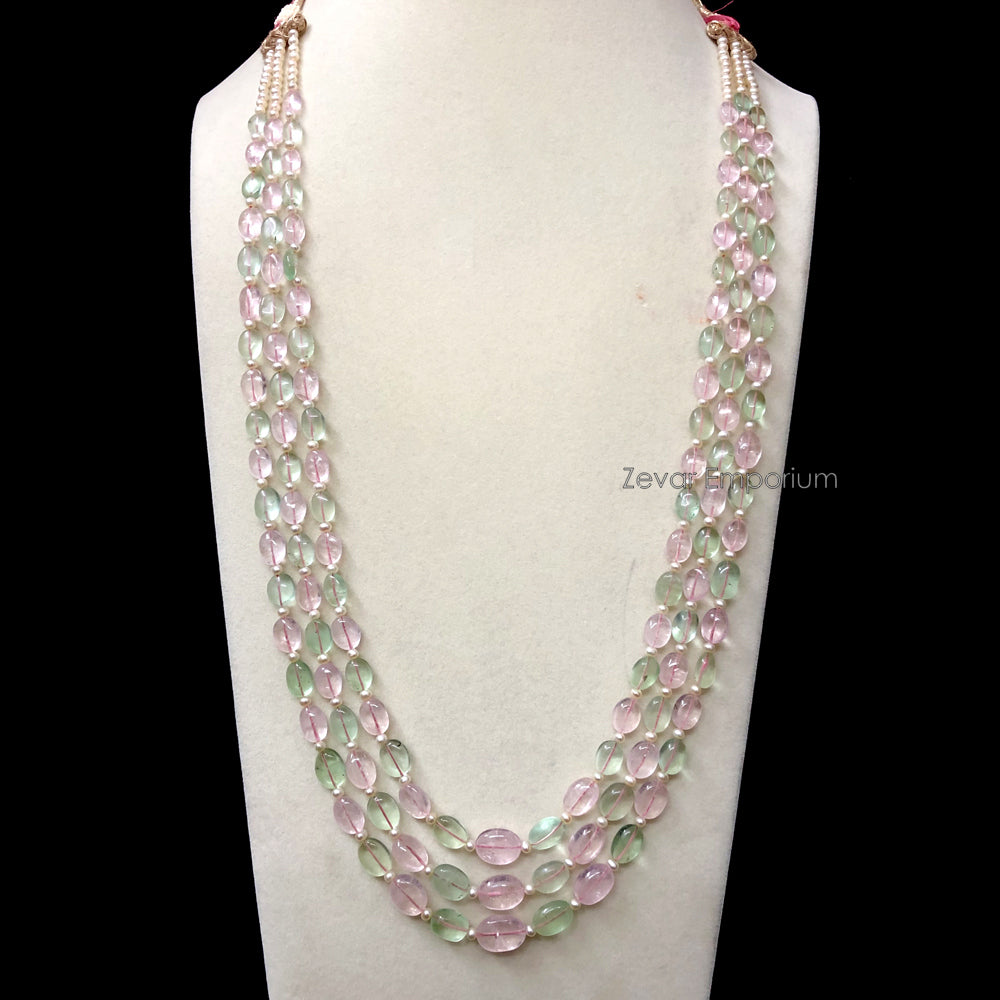 Natural Morganite And Fluorite Beads 3 Layers Groom Kantha Necklace