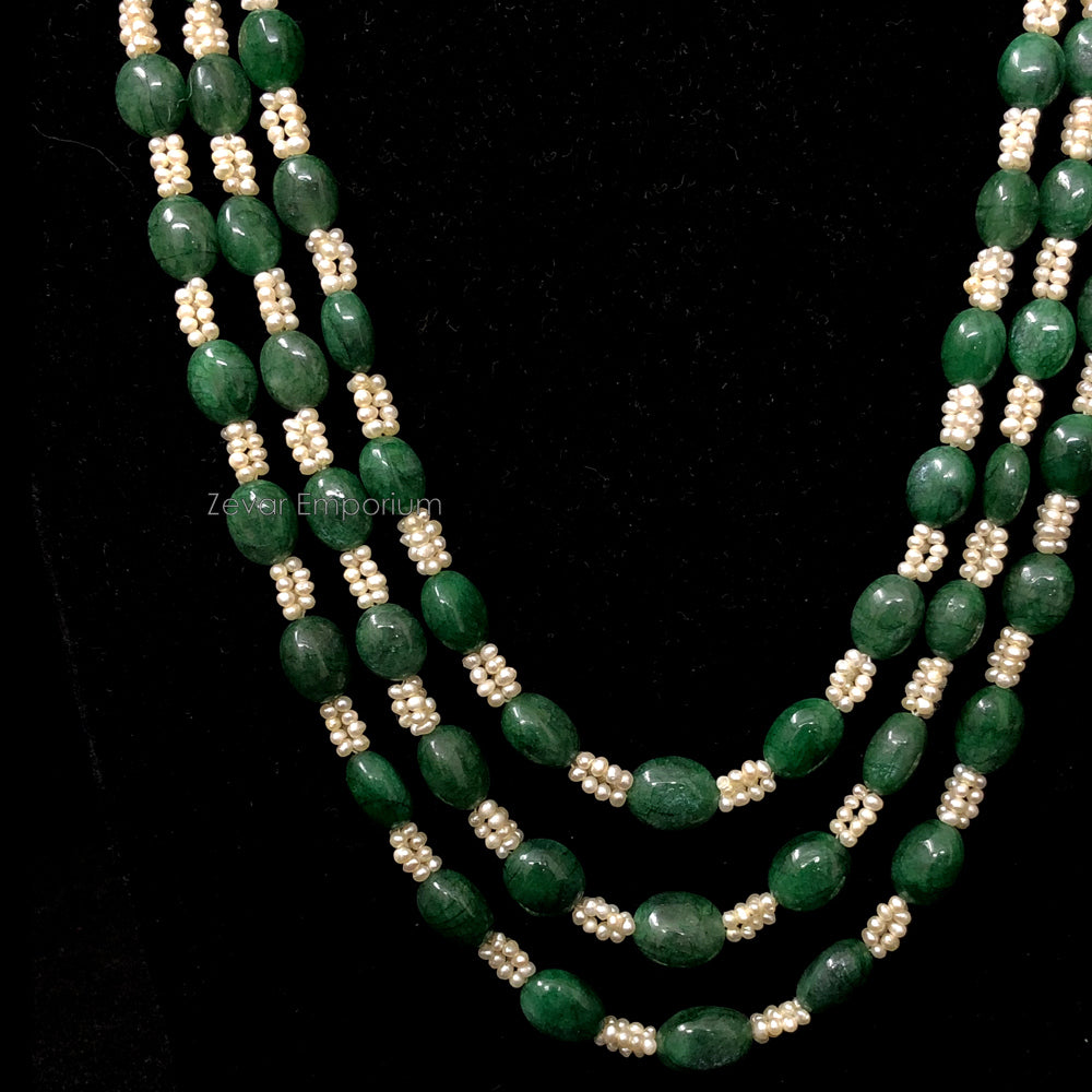 Green Beryl And Cultured Pearls Beads 3 Line Kantha Necklace