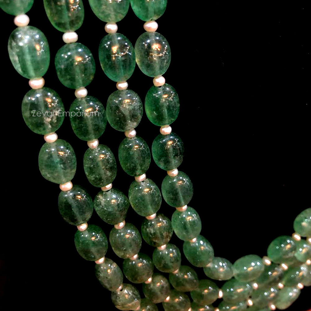 Natural Green Beryl And Cultured Pearls 4 Layers Necklace
