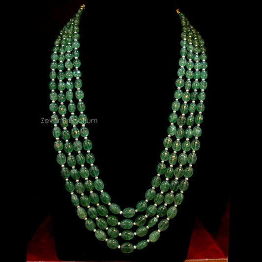 Natural Green Beryl And Cultured Pearls 4 Layers Necklace