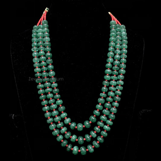 Beryl Emeralds And Coral Beads 3 Strings Necklace