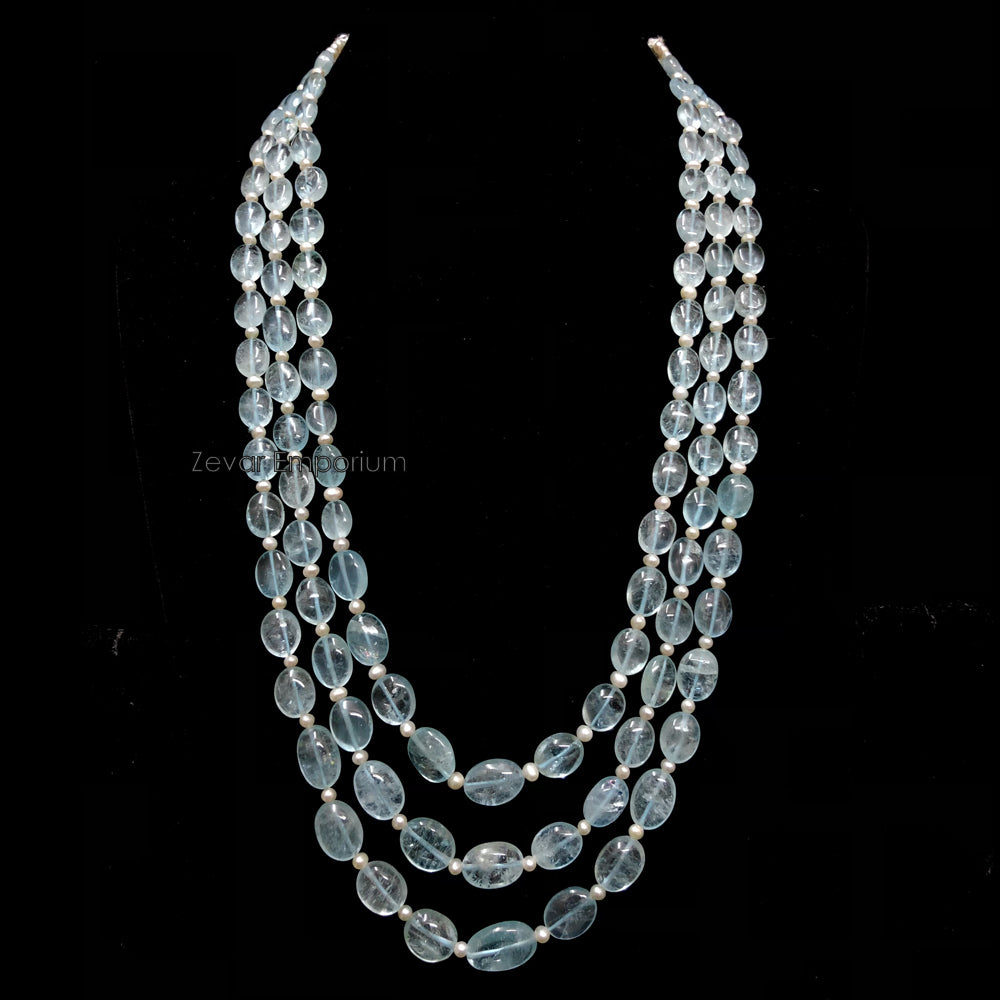 Aquamarine Beads 3 String Necklace