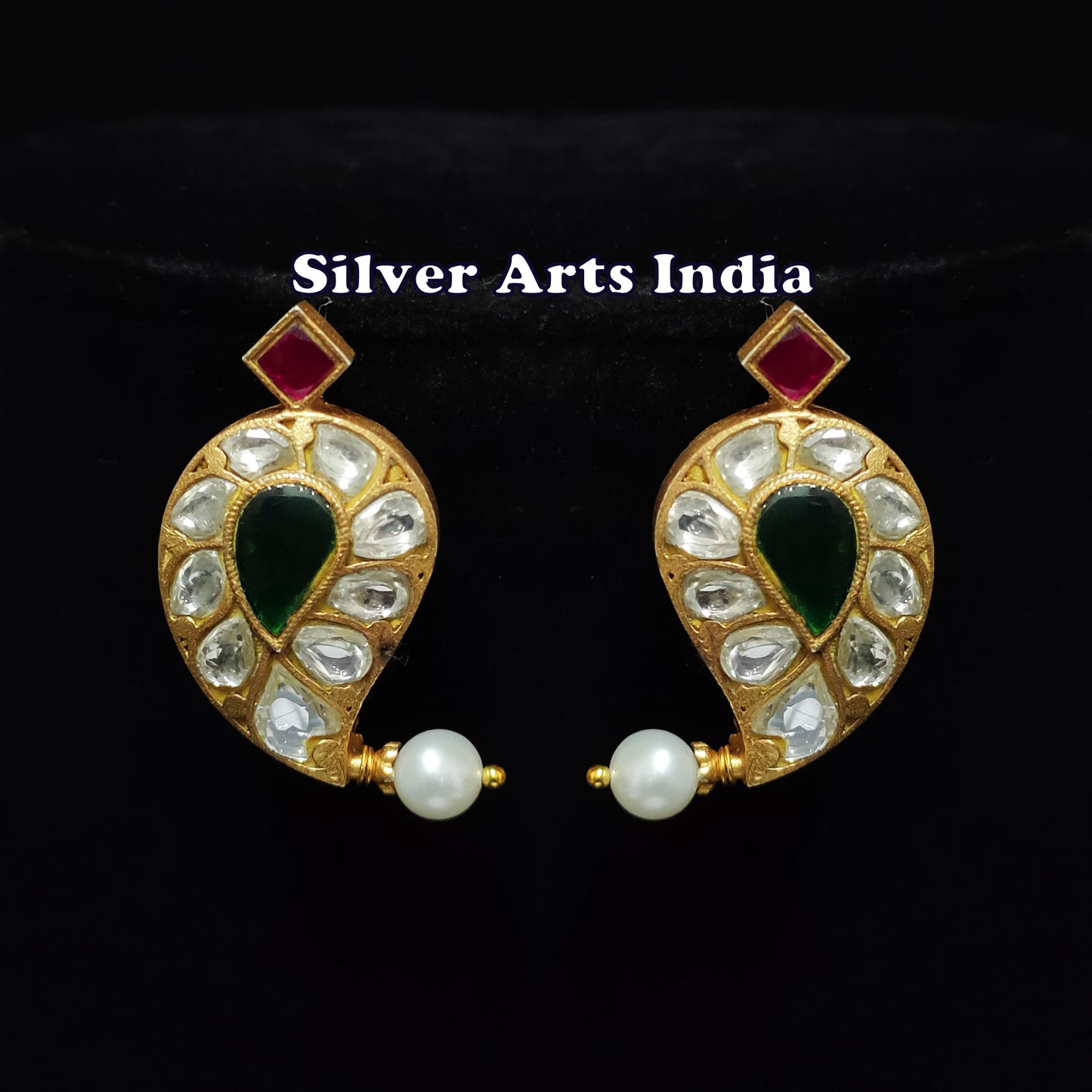 Kundan Polki Gold Plated Silver Marathi Earrings