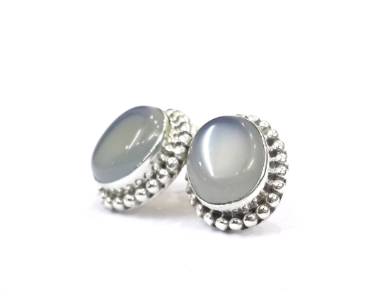 Natural Chalcedony Handmade Party Wear Silver Stud Earrings