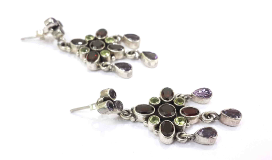 Garnet And Multi Gemstones Silver Handmade Earrings