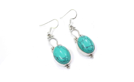 Natural Blue Turquoise Gemstone 925 Silver Handmade Earrings