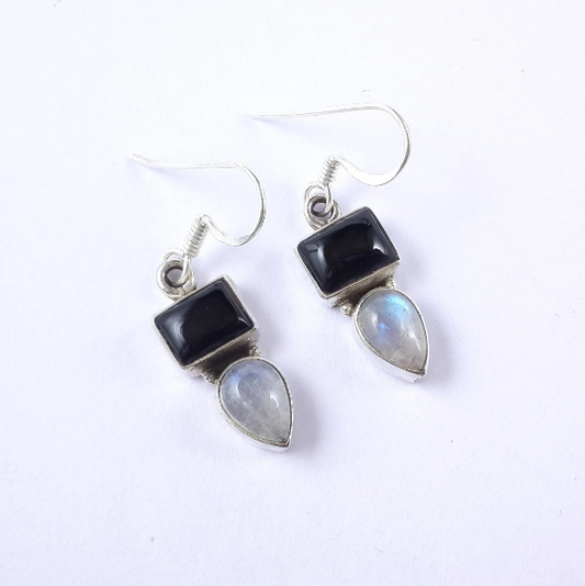 Rainbow Moonstone And Black Onyx Gemstone Silver Earrings