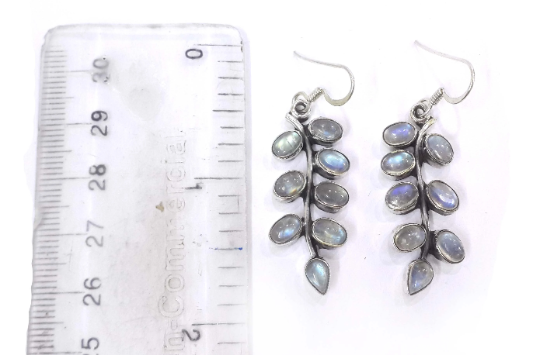 Rainbow Moonstone Silver Leaf Design Drop Dangle Earrings