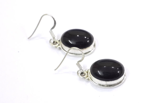Natural Black Onyx Gemstone 925 Silver Beautiful Earrings