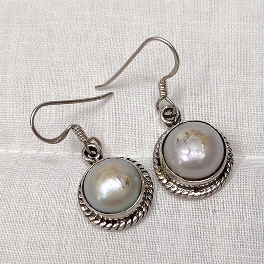 925 Sterling Silver Pearl Round Gemstone Earrings