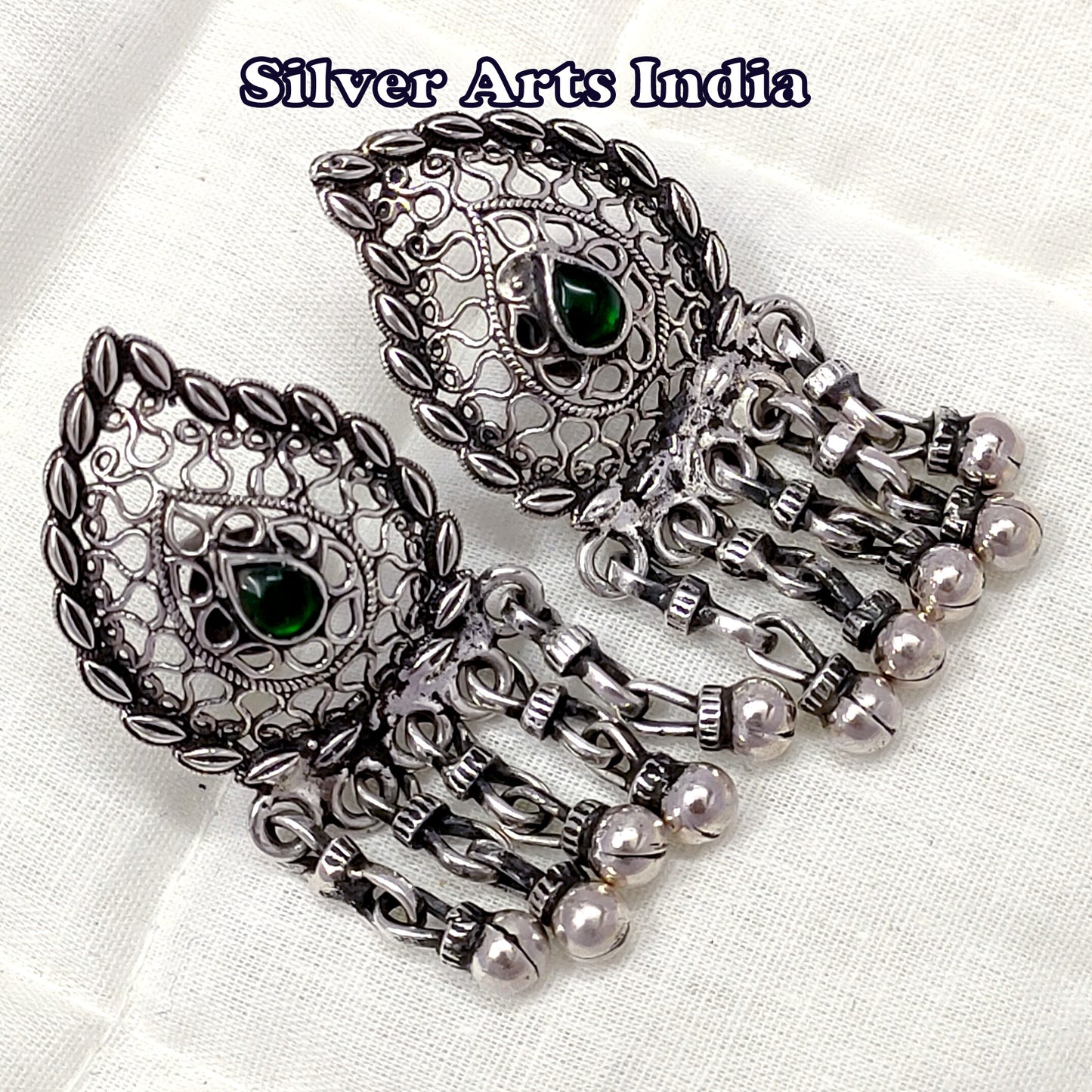 Green Stone Silver Tribal Ancient Look Earrings