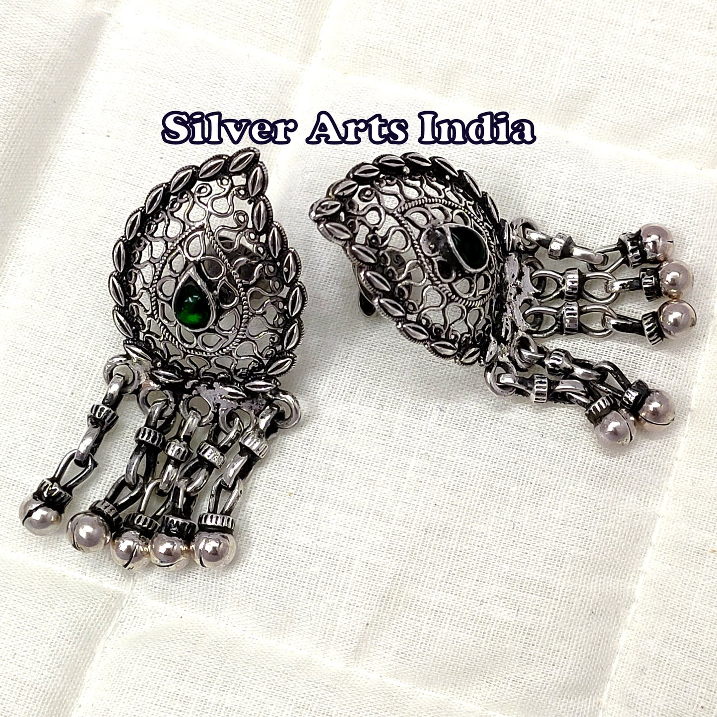 Green Stone Silver Tribal Ancient Look Earrings