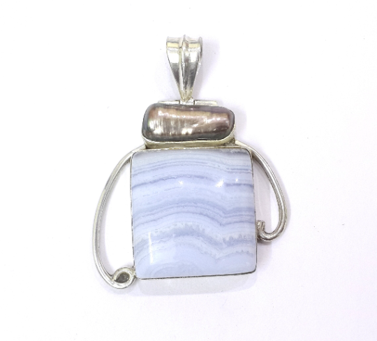 Blue Lace Agate And Black Pearl Silver Handmade Pendant