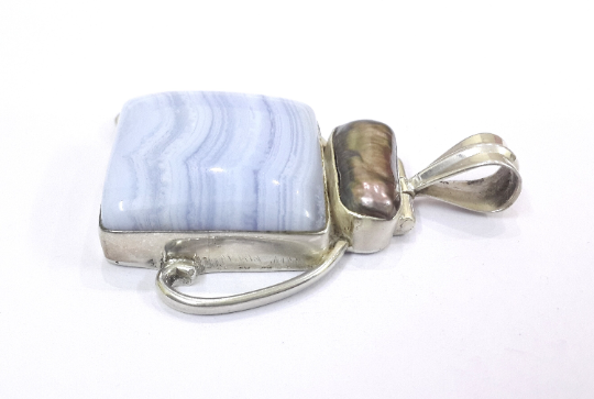 Blue Lace Agate And Black Pearl Silver Handmade Pendant