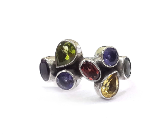 Garnet And Multi Faceted Gemstones Oxidized 925 Silver Ring