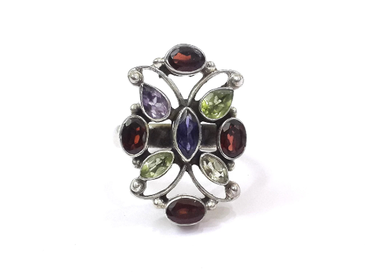 Faceted Garnet And Multi Stones 925 Silver Ancient Look Ring
