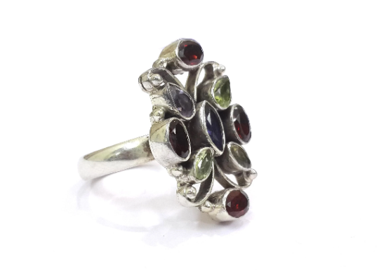Faceted Garnet And Multi Stones 925 Silver Ancient Look Ring