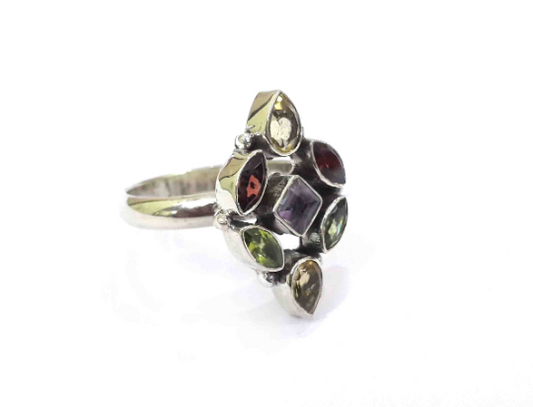 Amethyst And Multi Gemstones Authentic 925 Silver Ring