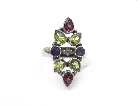 Faceted Peridot And Multi Gemstones Light Weight Silver Ring
