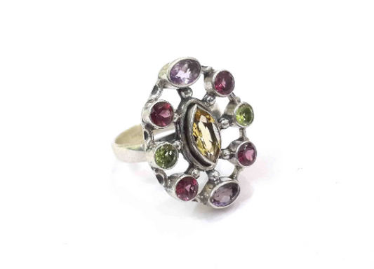 Faceted Citrine And Multi Gemstones 925 Solid Silver Ring