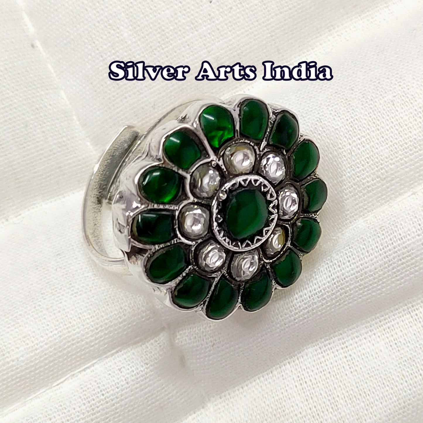 Kundan Polki And Green Stones Silver Adjustable Wedding Ring